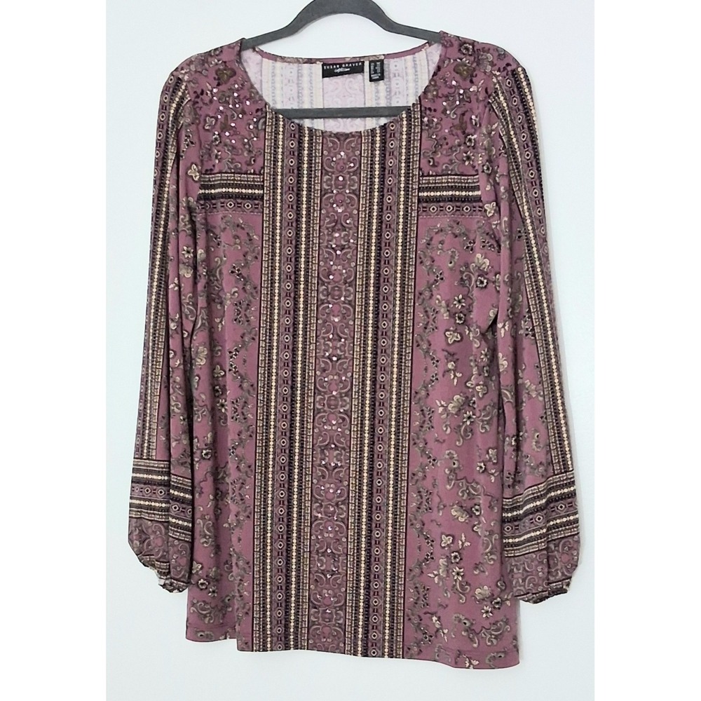 Susan Graver Artisian Tunic Size MP Petite Printed Liquid Knit Blouson Sleeve